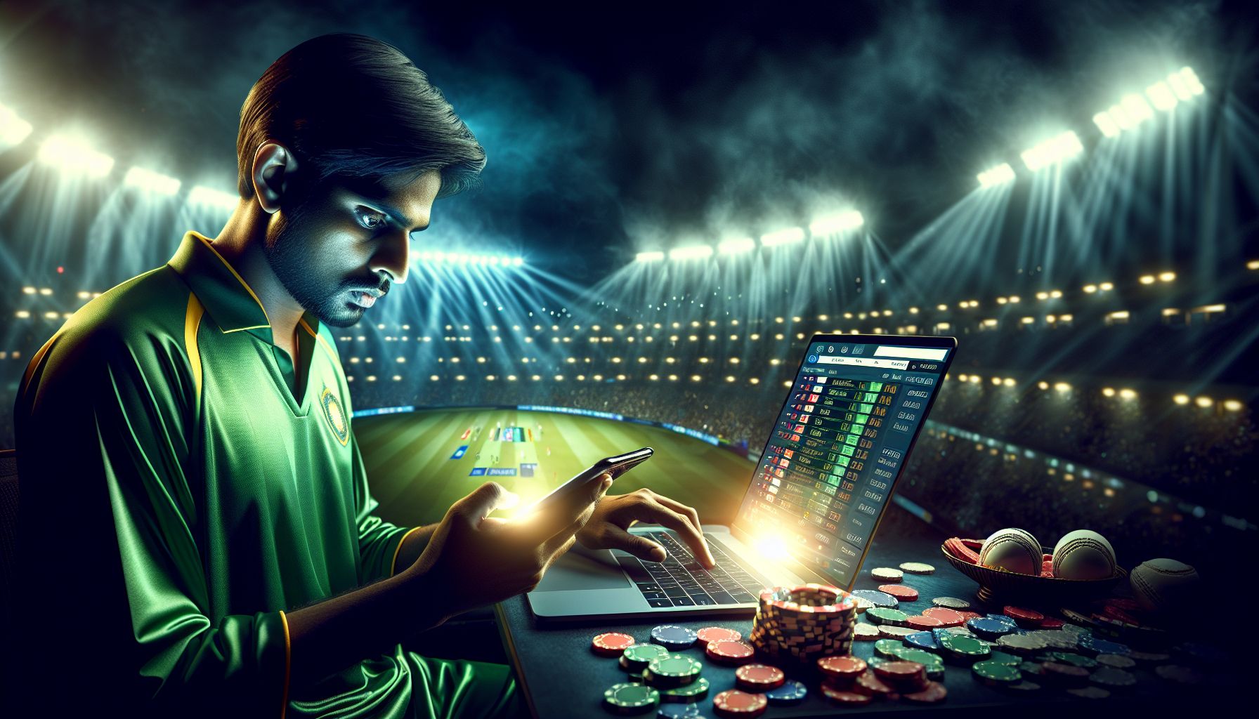 Mobile bettor in Bangladesh checking live odds during an intense evening sports match