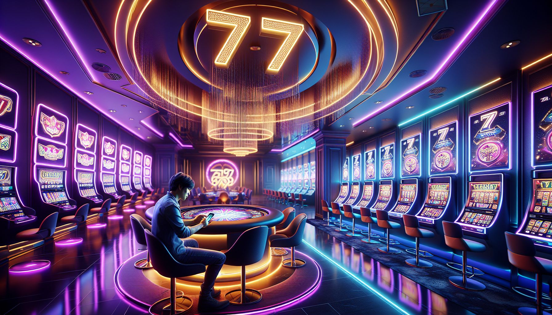 Confident Bangladeshi player enjoying colorful slot reels on a smartphone in a premium 7Z777 gaming setting