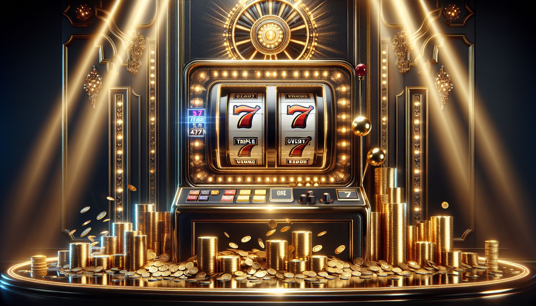Luxury slot reel with glowing sevens, golden coins, and dramatic casino lighting for a premium winning mood
